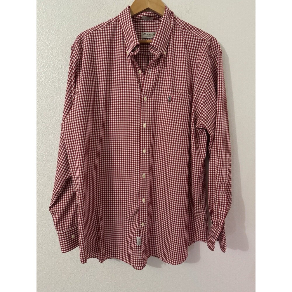 Peter Millar Shirt Mens XL  Gingham Check Button Up Red Holiday Stanford EUC